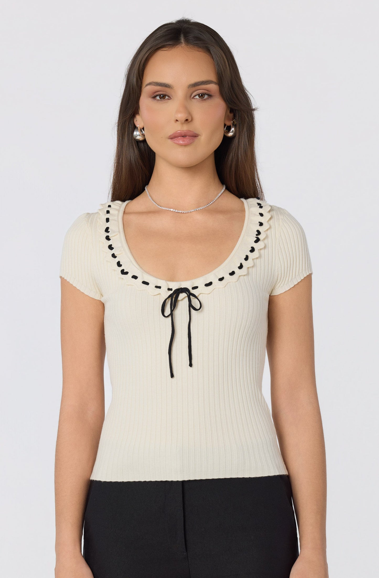 Lina Ruffle Trim Ribbed Sweater Top