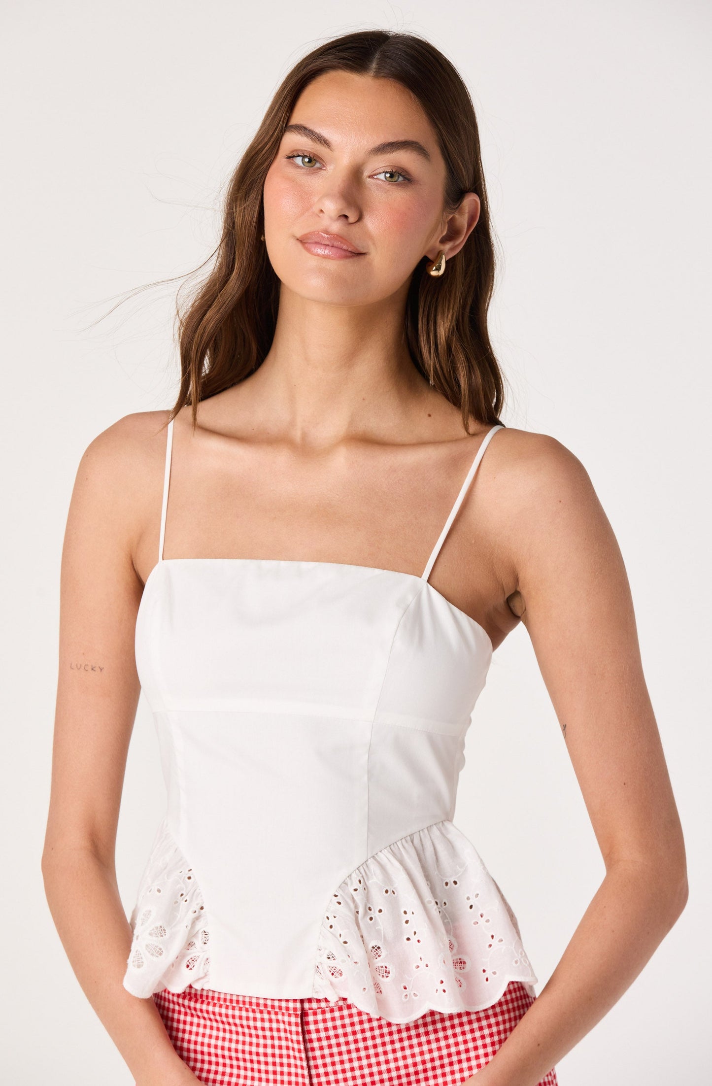 Teale Eyelet Scalloped Peplum Cropped Top